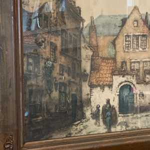 Framed hand colored etching 