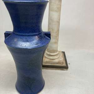Blue art pottery vase with lug handles 