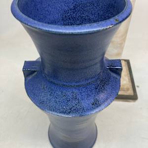 Blue art pottery vase with lug handles 