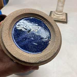 Blue art pottery vase with lug handles 