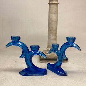 Cobalt art glass candlesticks 