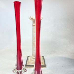 Pair of tall red art glass vases (1 as is) 