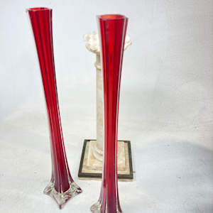 Pair of tall red art glass vases (1 as is) 