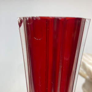 Pair of tall red art glass vases (1 as is) 