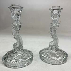 pair of art glass clear candlesticks