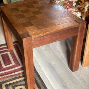 pair ofConant ball parquet top oak side tables 