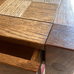 pair ofConant ball parquet top oak side tables 