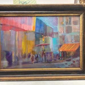 Framed original Wayne Sisel acrylic on paper of a street scene 