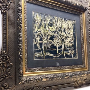 Framed Alan Caine woodblock of trees 
