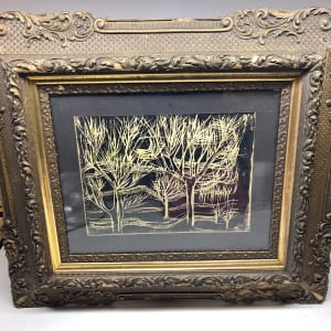 Framed Alan Caine woodblock of trees 