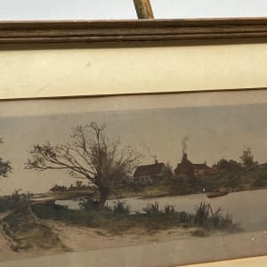 framed engraving of horizontal landscape 