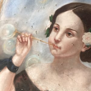 original pastel of girl blowing bubbles 