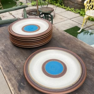 Set of 8 Denby Blue dot dinner plates ( 10 " diameter ) 