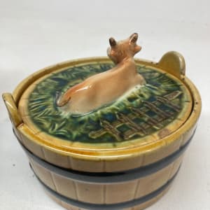 Majolica cow covered butter dish 