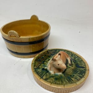 Majolica cow covered butter dish 