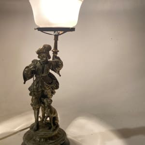 Spelter figural lamp with greek key shade 