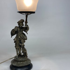 Spelter figural lamp with greek key shade 