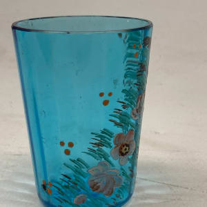 turn of the century blue water glass with enameled flowers 