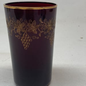 turn of the century ruby  water art glass vase with enameled grape pattern 