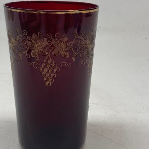 turn of the century ruby  water art glass vase with enameled grape pattern 