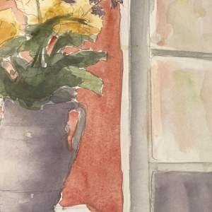 Original watercolor of still-life with flowers and coral background 