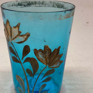 turn of the century blue water glass with enameled flowers 