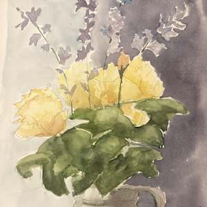 Original watercolor of still-life with yellow flowers  and blue background 