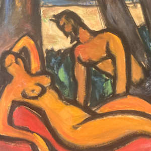 framed figural nude with pan painting on paper 
