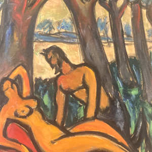 framed figural nude with pan painting on paper 