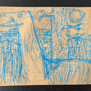 Original blue drawing by James Quentin Young of an abstract seagull 