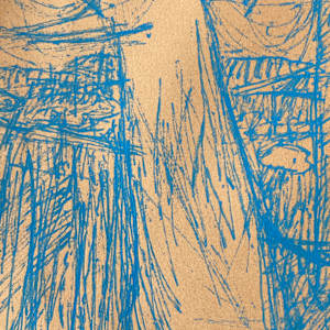 Original blue drawing by James Quentin Young of an abstract seagull