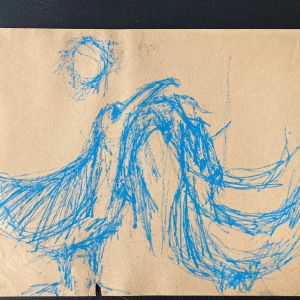 unframed original blue drawing by James Quentin Young abstract seagulls 