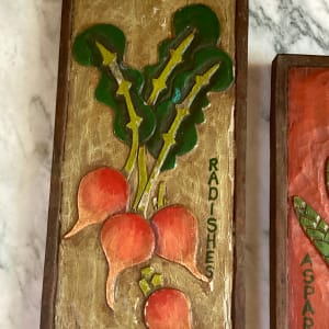 set of three hand carved hand painted wooden veggie pieces 