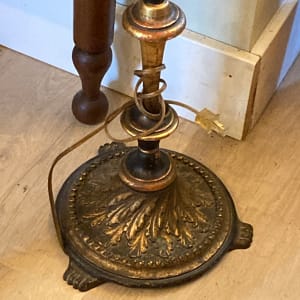 1930's wooden floor lamp with iron base 