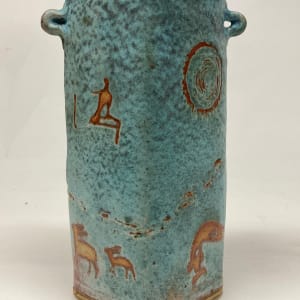 Handmade pottery vase with cave drawing scenes 