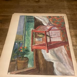 Original painting on paper of birdcage in window 