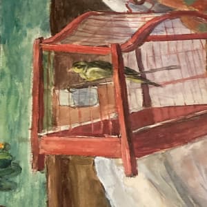 Original painting on paper of birdcage in window 