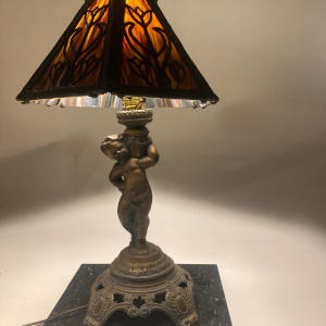 Cherub lamp with stained glass shade 