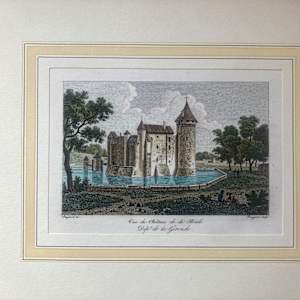 Hand colored engraving circa 1860's ~ Vue du Chateau de la Brede 