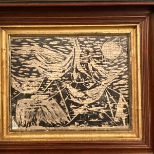 Framed abstract woodblock mountain scene 