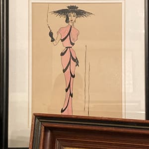 framed 1940's original fashion watercolor with pink dress 