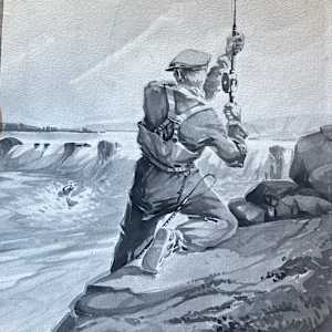 1930's original watercolor of fly fisherman 