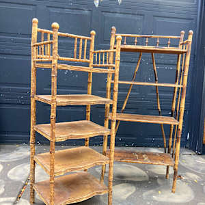 narrow vintage bamboo bookcase (right) 