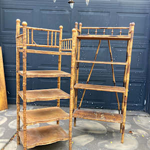 narrow vintage bamboo bookcase (right) 