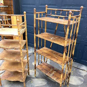 narrow vintage bamboo bookcase (right) 