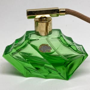 Green glass Art Deco Perfume bottle with spray 