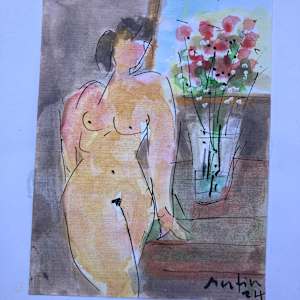 framed hand painted watercolor of nude 