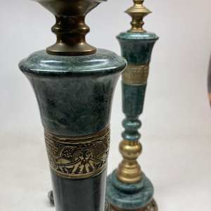 Pair of marble and brass table lamps by Marbro in the James Mont style 