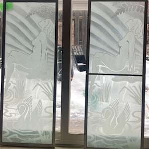 Pair of etched glass deco nude women windows