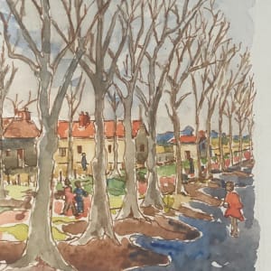 original watercolor of French house beyond the trees 